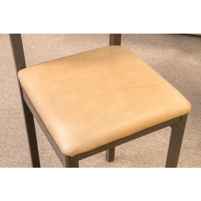 Thayer Coggin Set of 4 Thayer Barstools by Maiden Home Dark Oak Wood Leather & Shearling Seats For Sale - Image 4 of 11