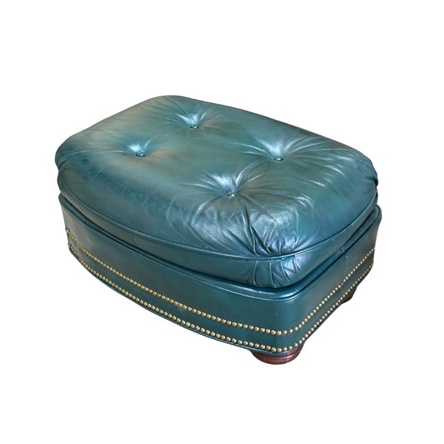 Vintage Thomas-Bain Leather Club Chair & Ottoman Set in Peacock Teal Green | Tufted Traditional Lounge Seating For Sale - Image 15 of 18