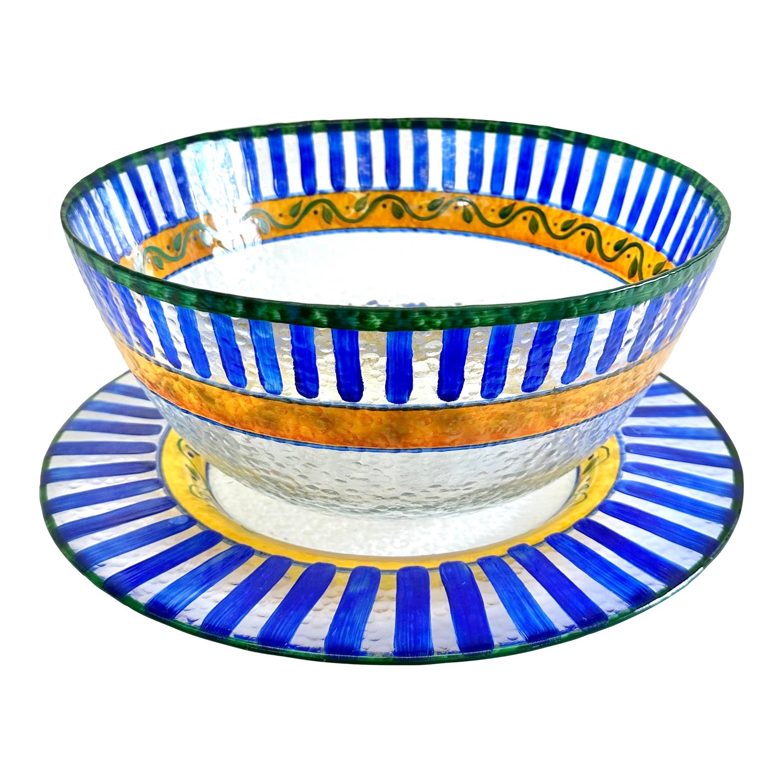 Contemporary Hand Painted Pebbled Glass Bowl and Underplate Centerpiece
