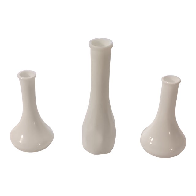Classic Vintage Hoosier 4061 Milk Glass Vases One Diamond Pattern and Two Bulbous Shape- Set of 3 For Sale