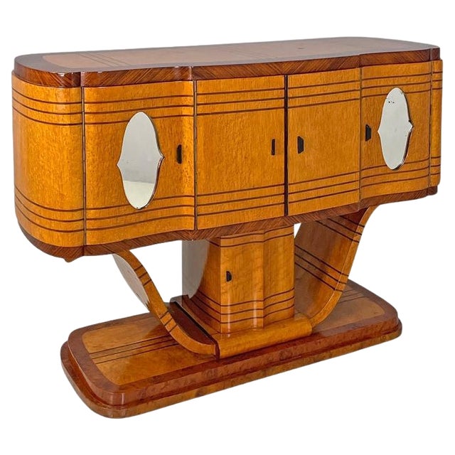 Art Deco Italian Wooden Bar Cabinet Mirrored Doors and Decorative Inlays, 1930s For Sale