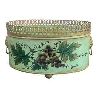 1950s Italian Neoclassical Tole Green & Gold Cachepot Planter Vase With Lion Heads For Sale