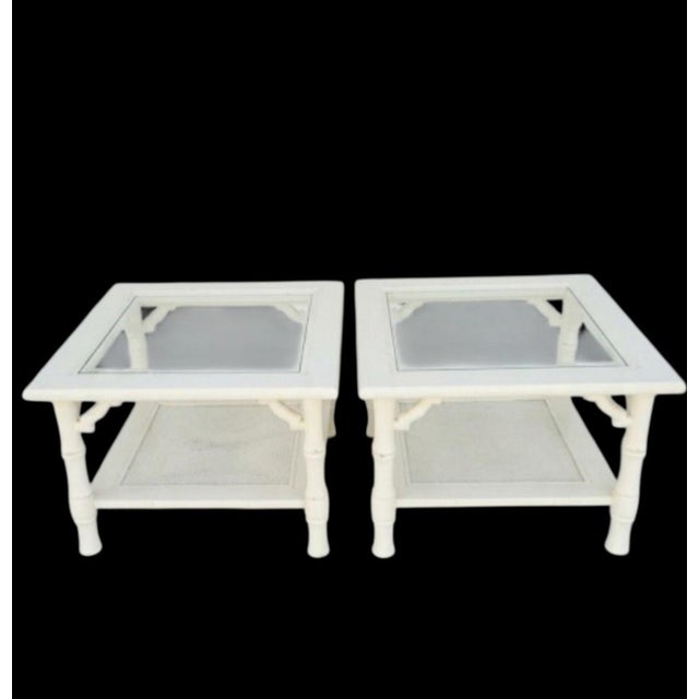 Vintage Mersman Faux Bamboo Cane Palm Beach White Glass Top Side Tables- a Pair For Sale - Image 9 of 11