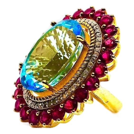 Bochic “Capri” Vintage Ruby, Blue Topaz & Diamond Ring Set In 18K Gold & Silver For Sale