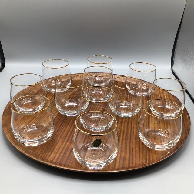 Bohemian Crystalex Geneve Old Fashion Gold Rim Whiskey/Scotch/Bourbon Glasses With Pressed Teak Tray-Set of 13 For Sale - Image 13 of 13