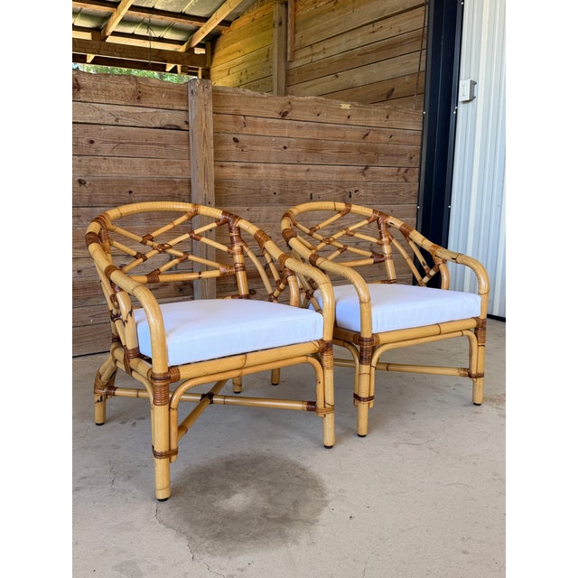 Tan Mid-Century Rattan Barrel Lounge Chairs With New Sunbrella Cushions-Pair For Sale - Image 8 of 12