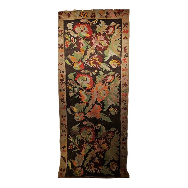 Vintage Caucasian Karabagh Kilim Runner, Handwoven Wool, Allover Floral Pattern, Brown & Tan, 5x11 For Sale