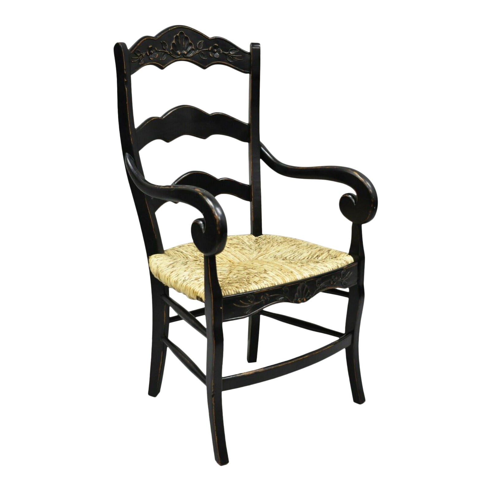 French Country Style Shell Carved Ladder Back Seat Black Dining Arm ...