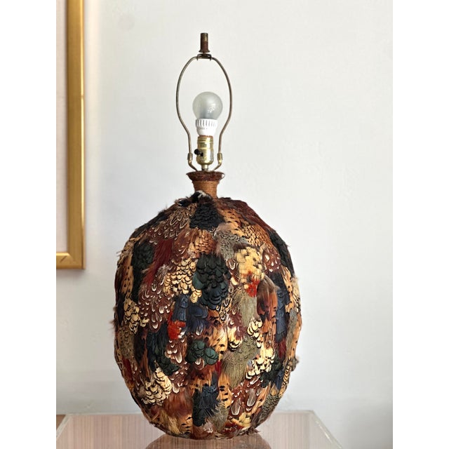 Brown Boho Rustic Feather Vintage Oversized Table Lamp For Sale - Image 8 of 10