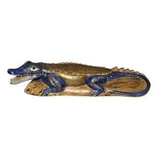 Crocodile in Ceramic and Brass, 1980s For Sale