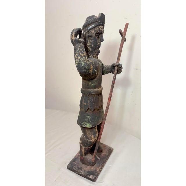 Brown Large Antique 1600's Hand Carved Saint San Miguel Santos Religious Sculpture For Sale - Image 8 of 14