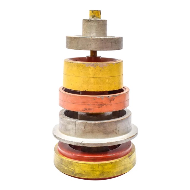 1960s Wood Sculpture Pulleys Set Vintage Garden Outdoors Indoors Wall Art Round Blocks Modernist Sculpture For Sale