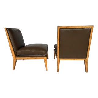 Pair of Late 20th Century Swaim Modern Brown Leather Armless Oak Slipper Chairs For Sale