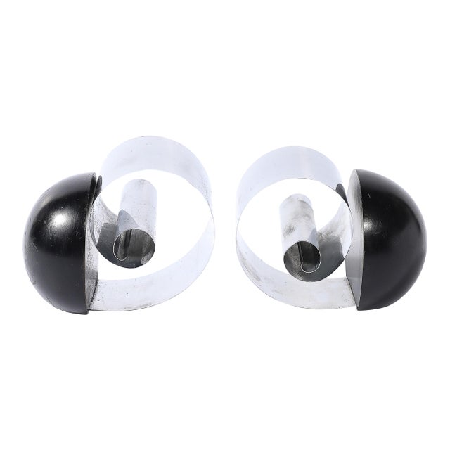 Art Deco Machine Age Spring Steel & Black Enamel Spherical Bookends by Revere For Sale