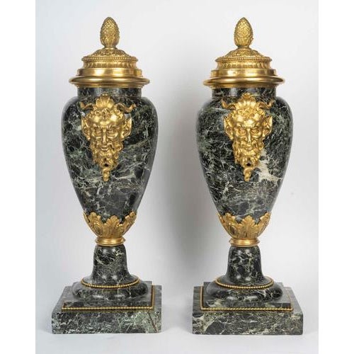 Sea Green Marble and Gilded Bronze Cassolettes, Set of 2 For Sale - Image 5 of 11