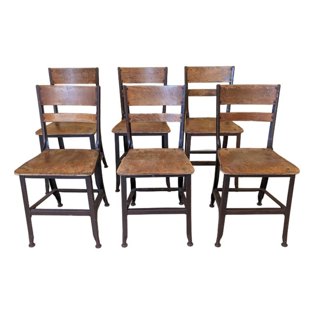 1940s Toledo Metal Furniture Co. Industrial Steel & Plywood Dining Chairs, Set of 6 For Sale