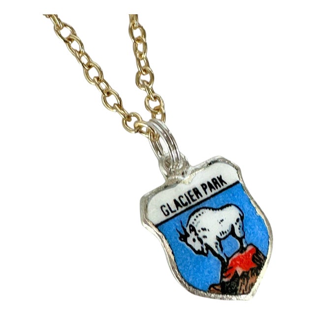 Montana Glacier Park Fritz Reu Sterling Silver Enamel Vintage Charm on 18 Inch Gold Filled Necklace For Sale
