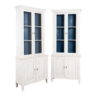 Pair, 19th Century Tall White Painted Pine Bookcases Display Cabinets For Sale