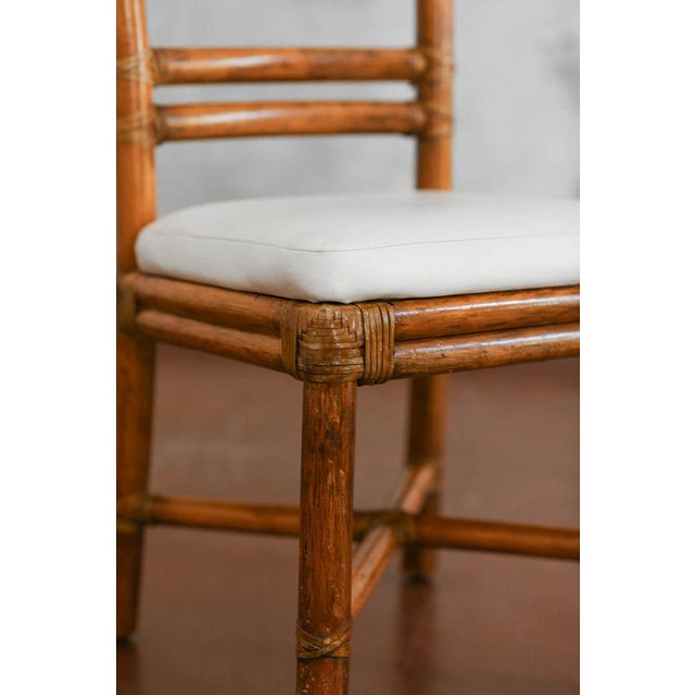 Brown Dining Chairs in Rattan with Leather Bindings and Leather Cushions by Elinor and John McGuire for McGuire, 1970s, Set of 4 For Sale - Image 8 of 11