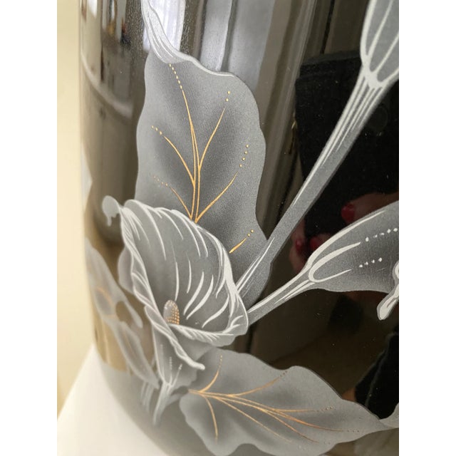 Art Deco Art Deco 1980s Extra Large Black Ceramic Lamp With Calla Lily Motif For Sale - Image 3 of 8