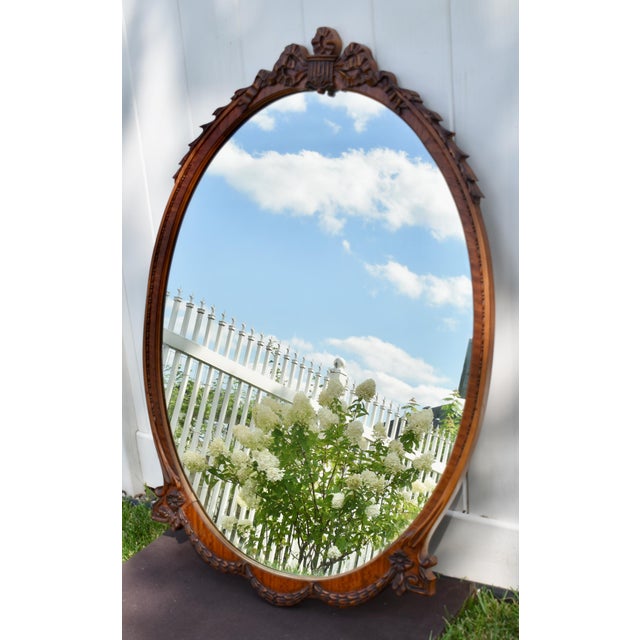 Satinwood Oval Wall Mirror Carved French Flower Basket Crest Decorative Frame For Sale - Image 15 of 15