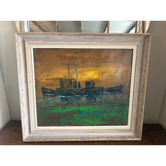 Wood 1950s Mid-Century Framed Impressionistic Marine Painting For Sale - Image 7 of 9