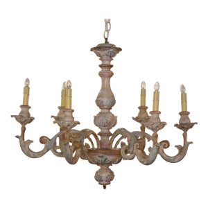 19th Century French Napoleon III Carved Polychrome & Painted 5-Light Chandelier