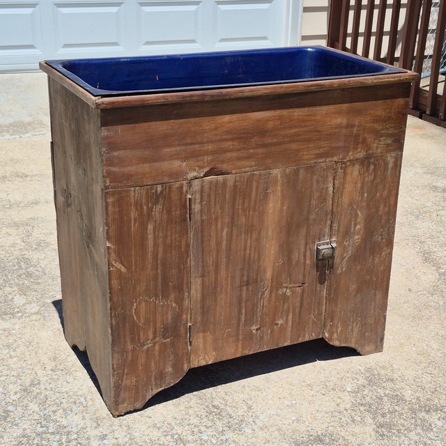 Farmhouse 19th Century American Primitive Pine Dry Sink Cupboard Cabinet Vanity W/ Cobalt Blue Enameled Cast Iron Sink & Drain For Sale - Image 3 of 12
