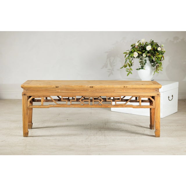 Mid 20th Century Vintage Chinese Rustic Low Table with Geometric Carved Fretwork Apron For Sale - Image 5 of 12