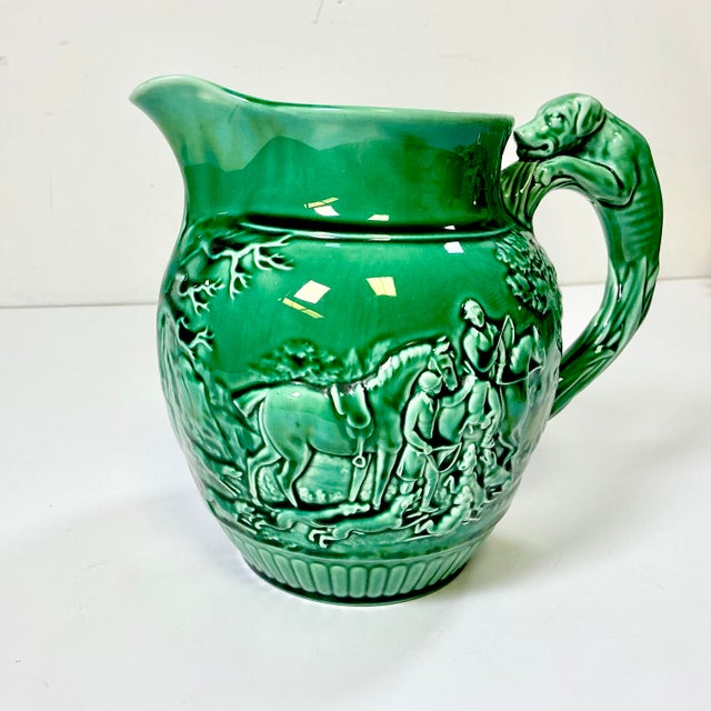Ceramic 1930s Vintage Boho Chic English Rustic European Wedgwood Majolica Hunting Motif Pitcher For Sale - Image 7 of 16