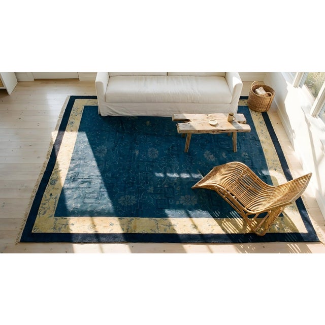 Textile 1920s Royal Blue Medallion Floral Antique Chinese Peking Rug 9' X 11'8" Handknotted Wool Carpet For Sale - Image 7 of 8