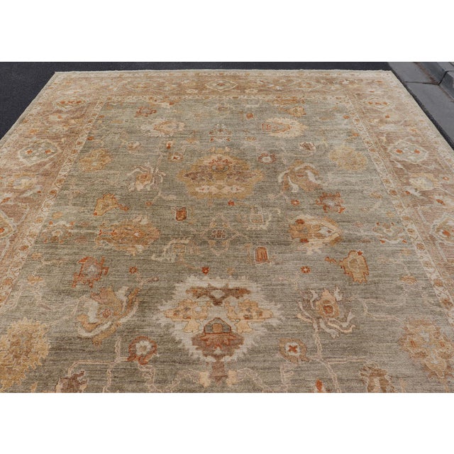 Large Turkish Angora Oushak Rug With Soft Green Field and Rust Accents For Sale - Image 10 of 13