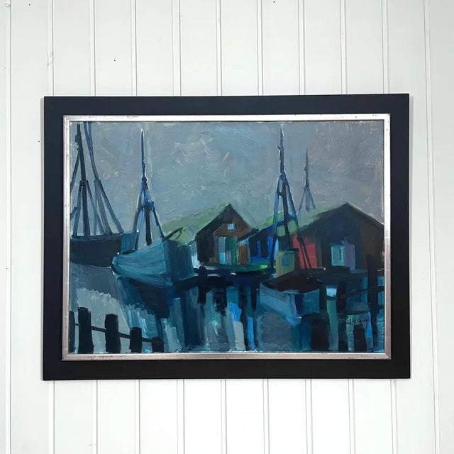 1950s Large Mid-Century Swedish Modernist Harbor Oil Painting by Dag Björn Hellsing For Sale - Image 11 of 11