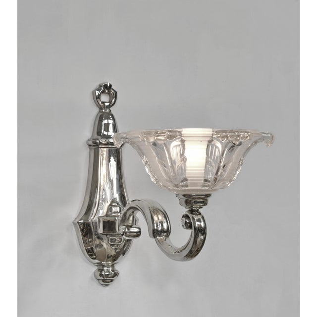 1930s 1930s French Art Deco Petitot & Ezan Nickeled Bronze Floral Frosted Glass Wall Sconces - A Pair For Sale - Image 5 of 12