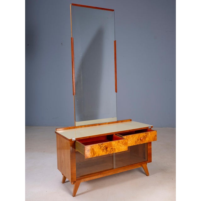 1940s Large Vintage Dressing Table Set in Burl Veneer, 1940s, Set of 3 For Sale - Image 5 of 13