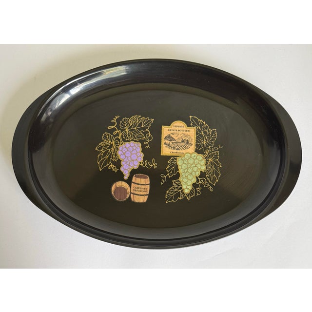 1960s Couroc Monterey Black Serving Tray With Brass and Stone Inlay Wine Motif For Sale - Image 12 of 12