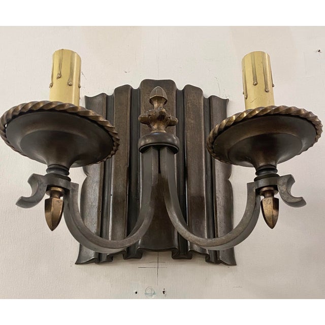 Mid 20th Century Restored Traditional Bronze 2 Arm Wall Sconces - a Pair For Sale - Image 4 of 7