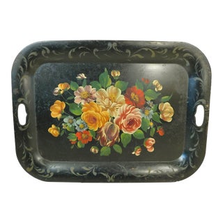 Large Antique Black Metal Tole Hand Painted Flower Tray With Handles For Sale