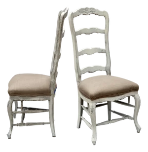 Vintage French Provincial Ladder Back Chairs W Linen Seats: A Pair