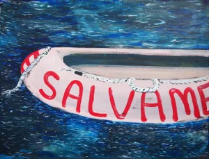 2022 "Salvame" Blue, Pink, and Red Abstract Contemporary Seascape Painting With Texts by Moisés Villafuerte