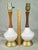 2 vintage mid century modern pottery and wood genie bottle table lamps. The lamps are white pottery with a wood neck that...