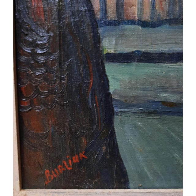 David Burliuk Signed Expressionist Oil Painting, Floral Still Life With House-Vase For Sale - Image 4 of 5