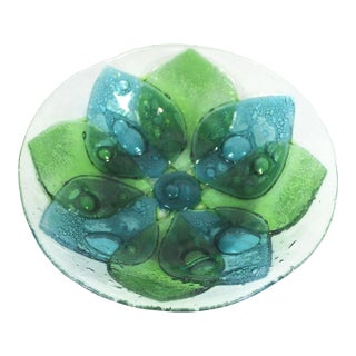 Mid 20th Century Art Glass Bubble Bowl Green Blue Flower For Sale