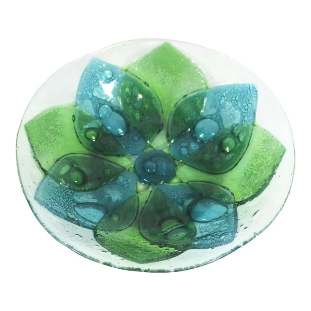 Mid 20th Century Art Glass Bubble Bowl Green Blue Flower For Sale