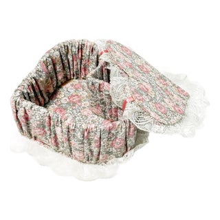 Vintage 1980s Pastel Floral Heart Jewelry Box With Lace Ruffles Cottagecore Decor For Sale