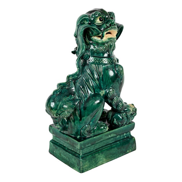 Large Antique Chinese Glazed Green Ceramic Lion Foo Dog, Early 20th Century For Sale