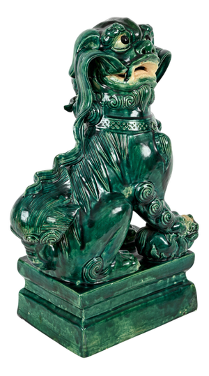 Large Antique Chinese Glazed Green Ceramic Lion Foo Dog, Early 20th Century