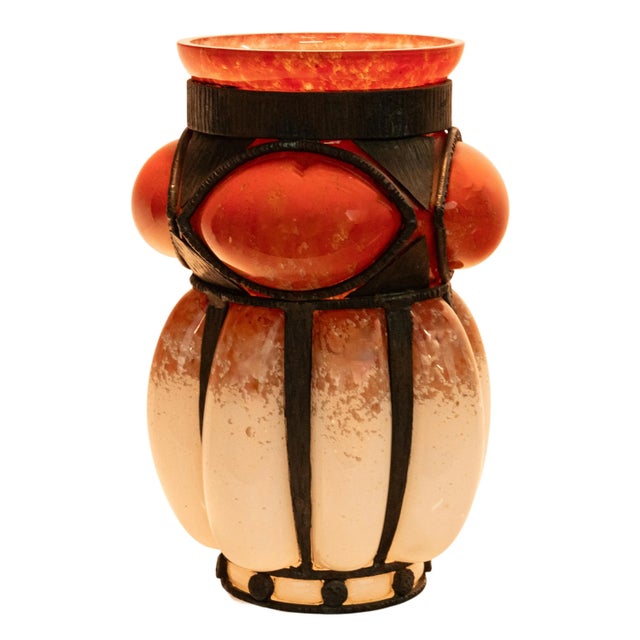 Burnt Orange Antique French Art Deco Glass & Iron Vase Charles Schneider Edgar Brandt 1920 For Sale - Image 8 of 9