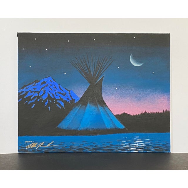 Crow Lodge 'Summer Evening' Montana New Moon Water Indian Blue Tepee Knowshisgun 2001 For Sale - Image 9 of 9