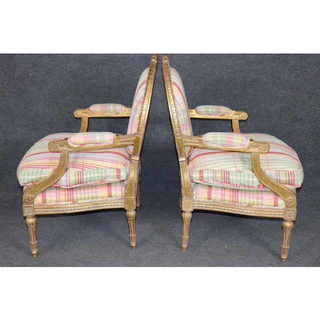 Pair of Louis XVI Style Gilt Carved Arm Chairs With Plaid Upholstery For Sale - Image 4 of 15